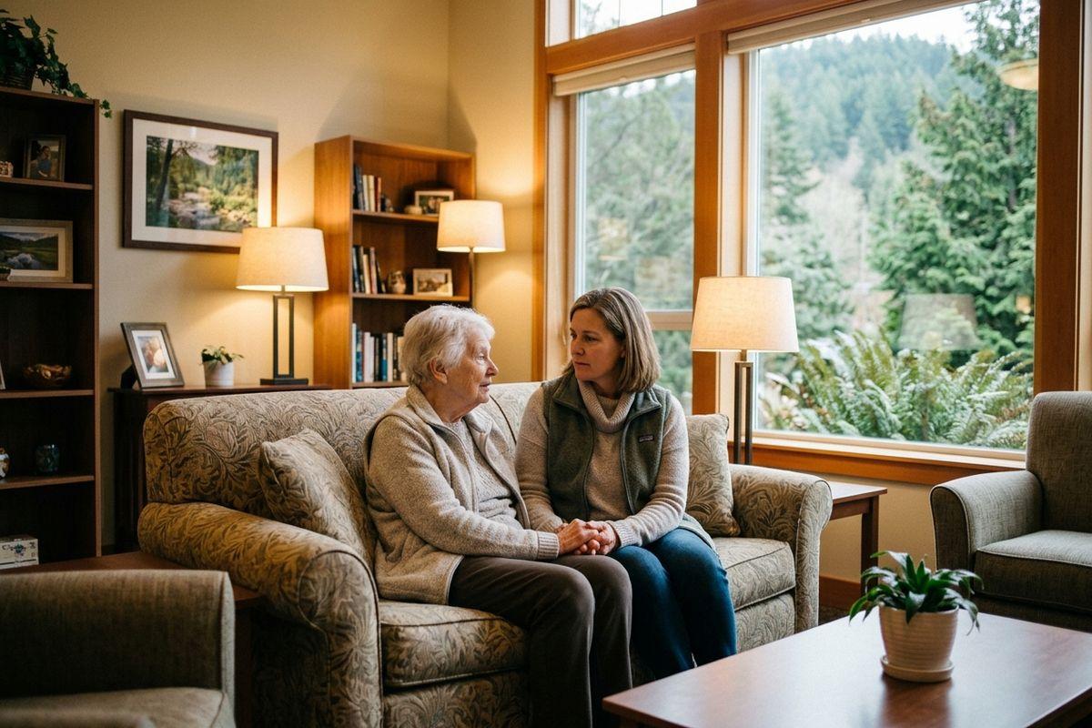 An older adult and their adult child close together on a sofa holding hands, talking, in a cozy living room with bookshelves and a window overlooking trees.