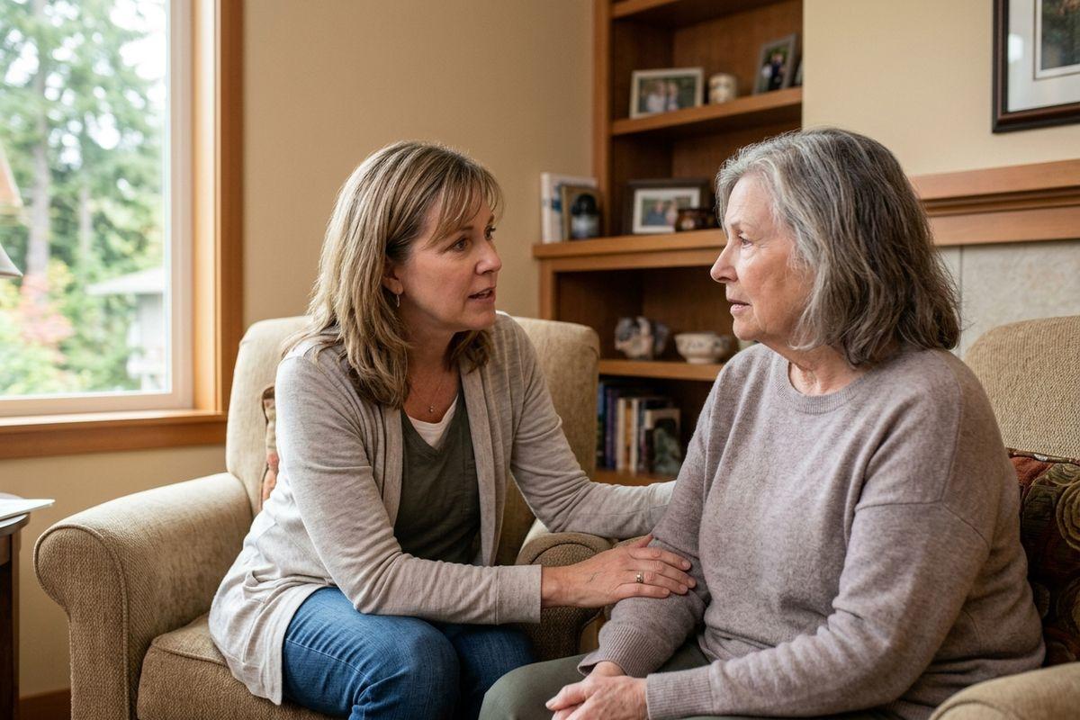 Adult sits in armchair, hand resting on an older person's arm, talking attentively in a living room with bookshelf and window.