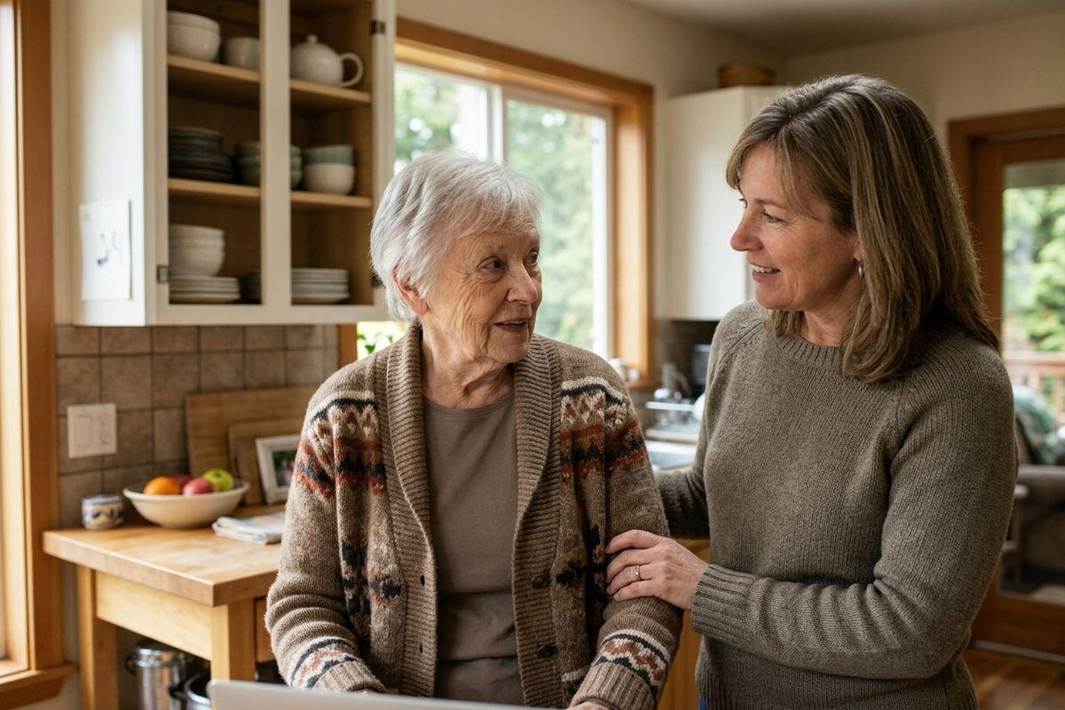 An older adult and a younger adult are facing each other in a kitchen, talking, with the younger adult's hand resting on the older adult's arm.