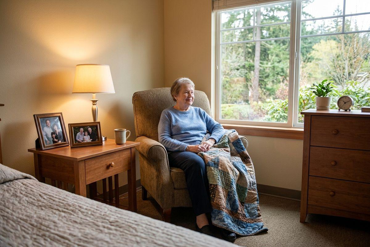 An older adult sits in an armchair with a quilt, smiling, beside a window, a lamp, and framed photos in a bedroom.