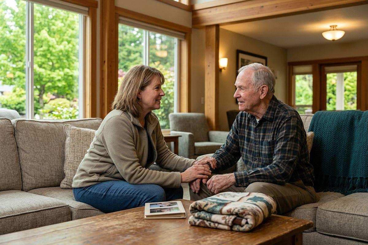 Two adults sit on a couch holding hands and smiling at each other in a bright living room. One talks to the other about memory care.