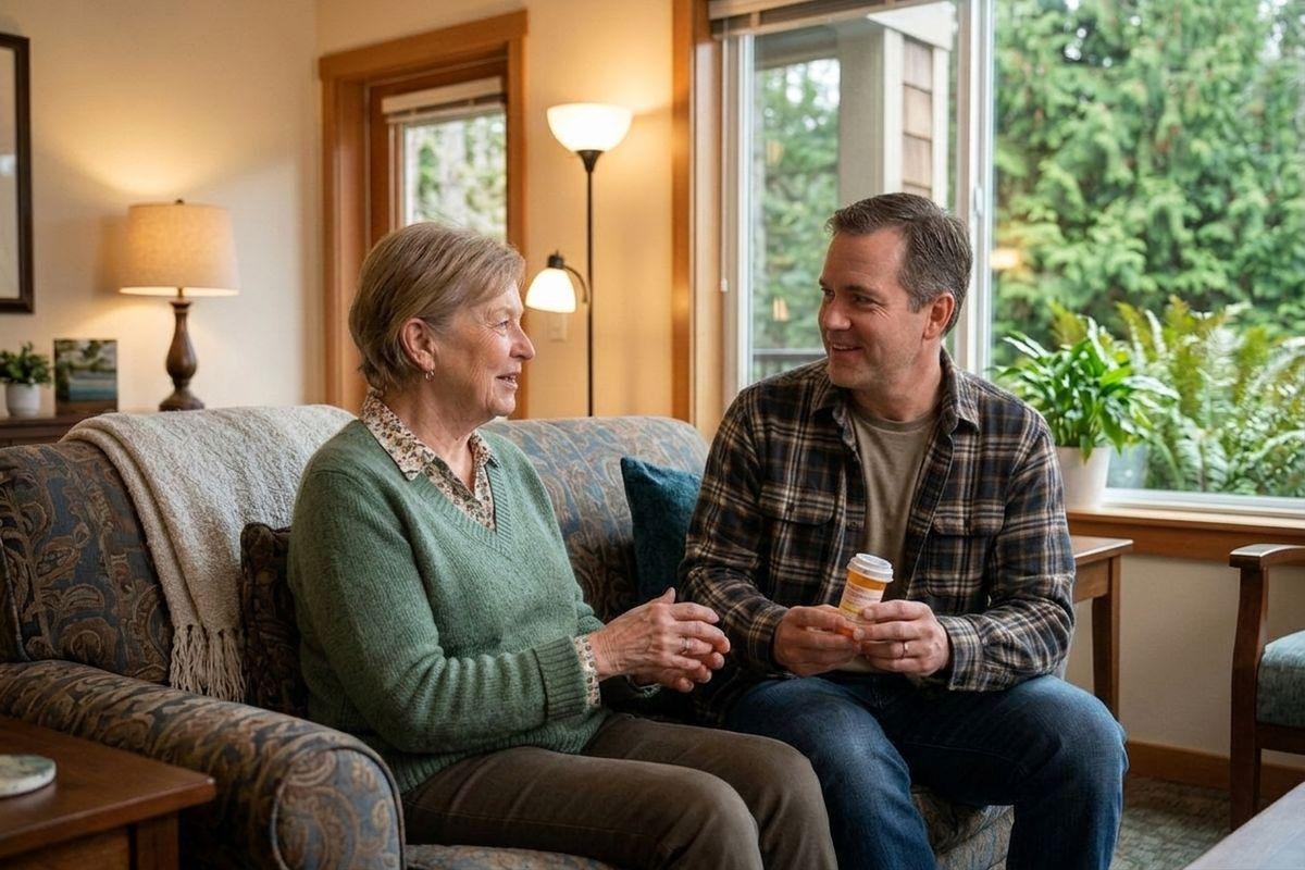 Two adults sit on a couch talking, one holding a pill bottle, in a softly lit room.