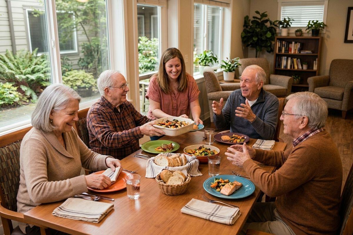 A community caregiver serving a dish to a group of smiling older adults around a table set with food, near large windows.