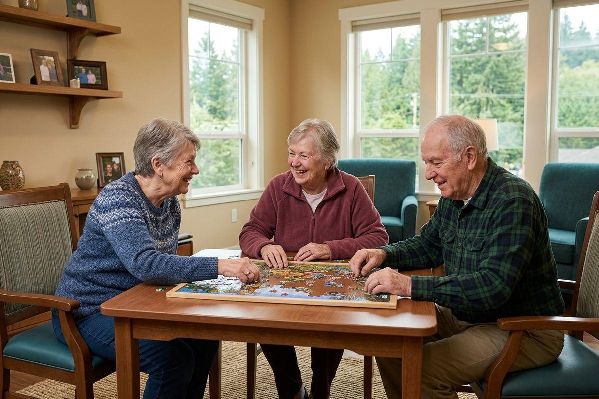 A group of older adults smiling while assembling a jigsaw puzzle at a wooden table in a sunlit room in memory care.